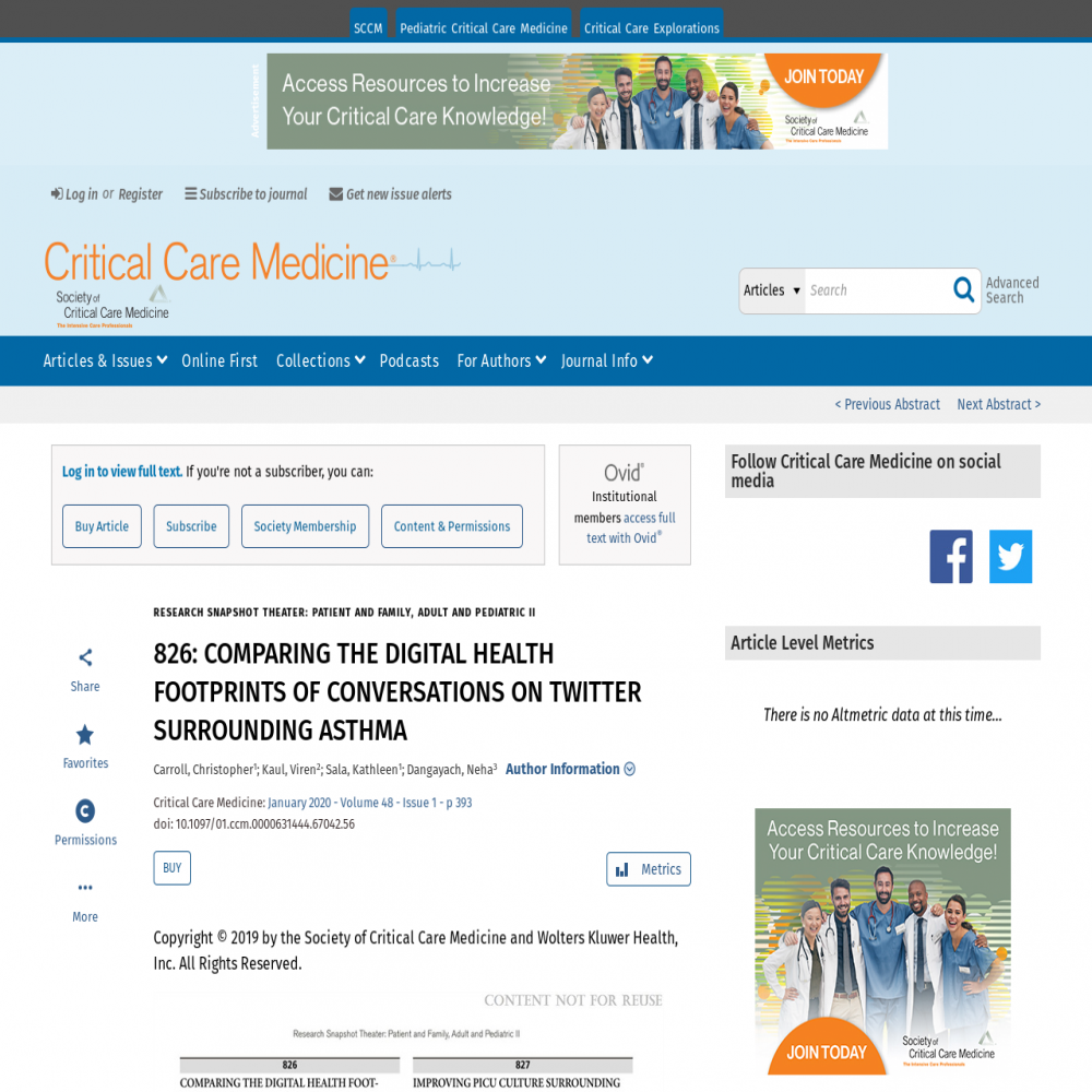 A healthcare social media research article published in Critical Care Medicine, December 31, 2019