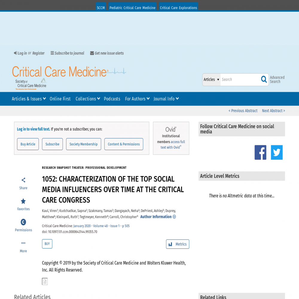 A healthcare social media research article published in Critical Care Medicine, December 31, 2019