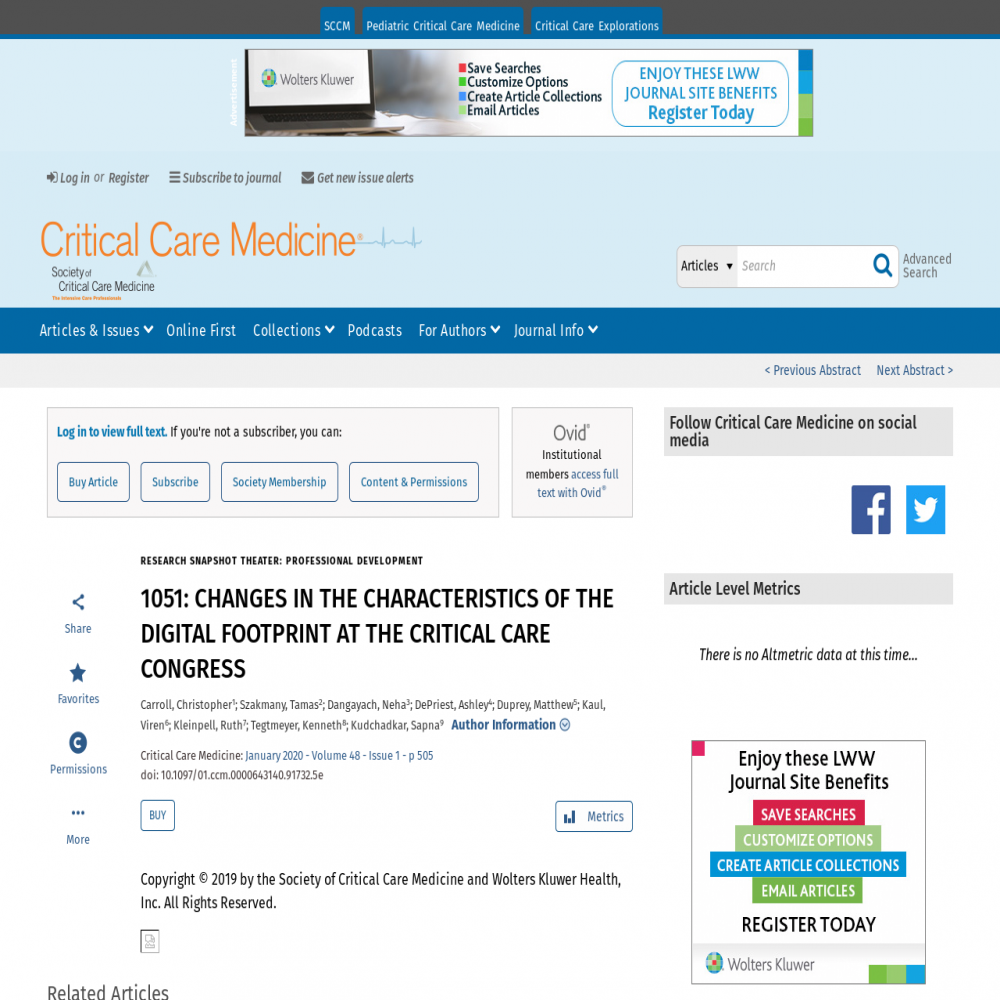 A healthcare social media research article published in Critical Care Medicine, December 31, 2019