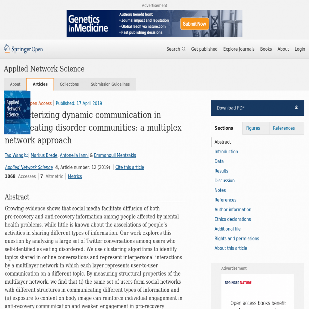 A healthcare social media research article published in Applied Network Science, April 16, 2019