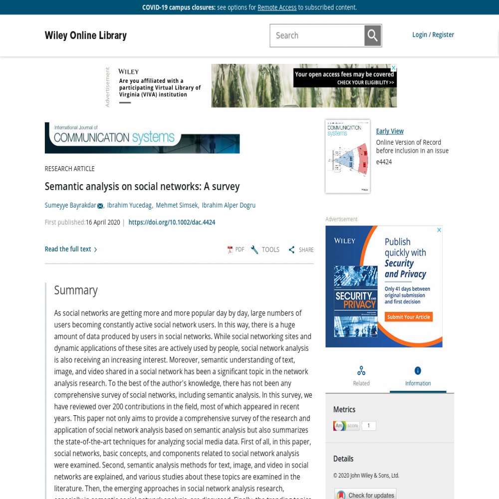 A healthcare social media research article published in International Journal of Digital & Analog Communication Systems, April 15, 2020