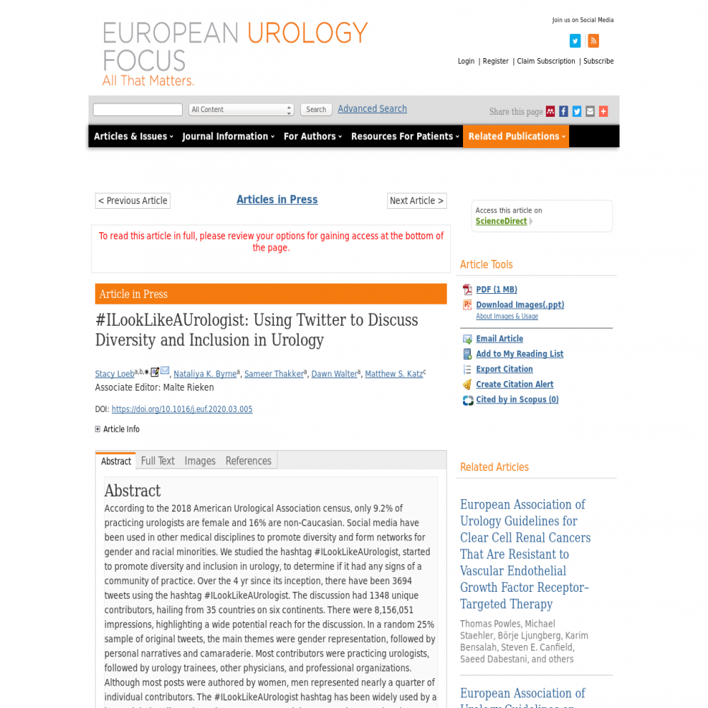 A healthcare social media research article published in European Urology Focus, April 13, 2020