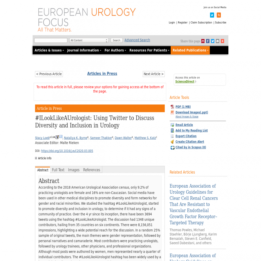 A healthcare social media research article published in European Urology Focus, April 12, 2020