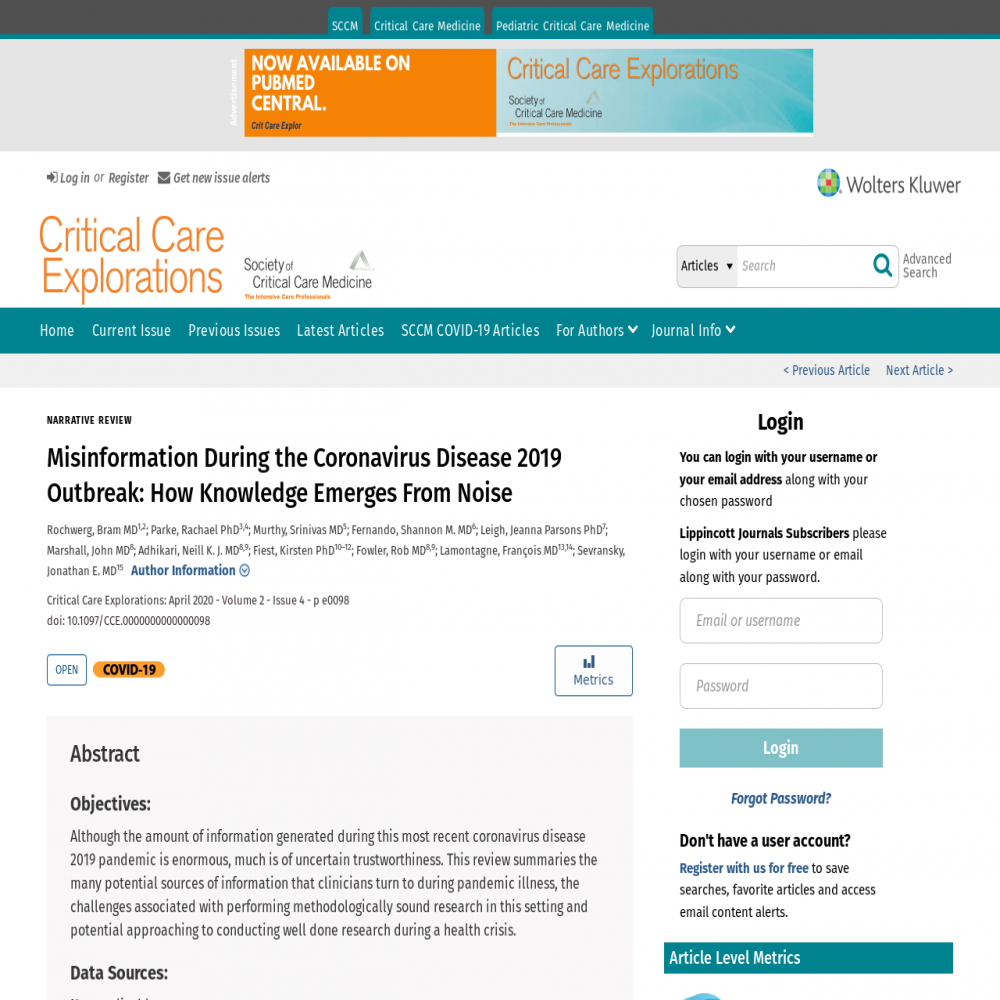 A healthcare social media research article published in Critical Care Explorations, March 31, 2020