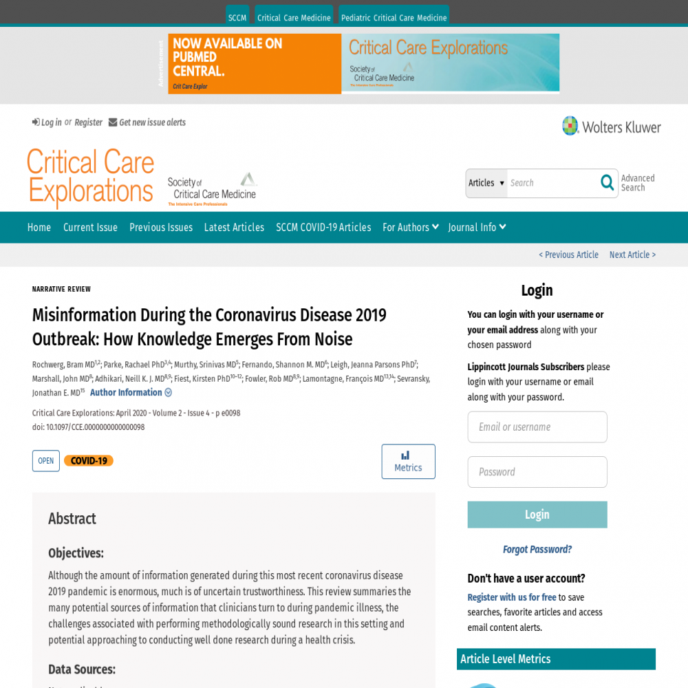 A healthcare social media research article published in Critical Care Explorations, April 6, 2020