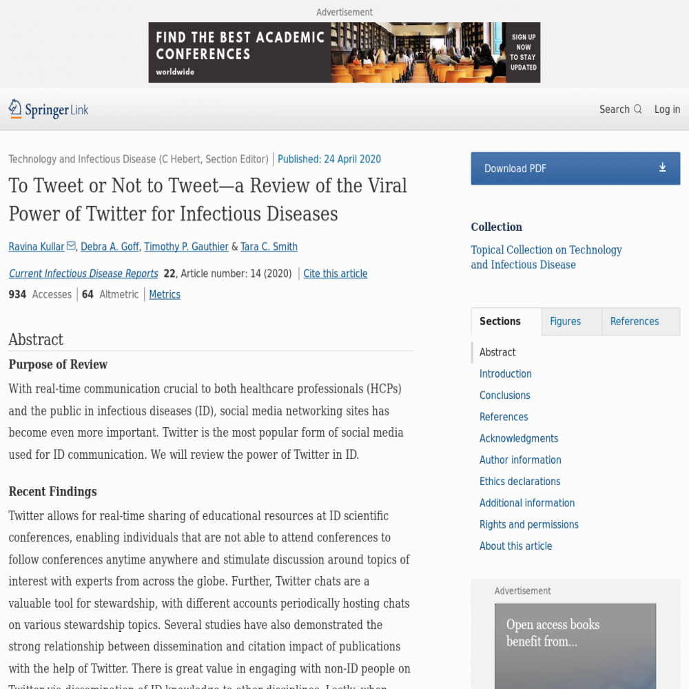 A healthcare social media research article published in Current Infectious Disease Reports, April 23, 2020