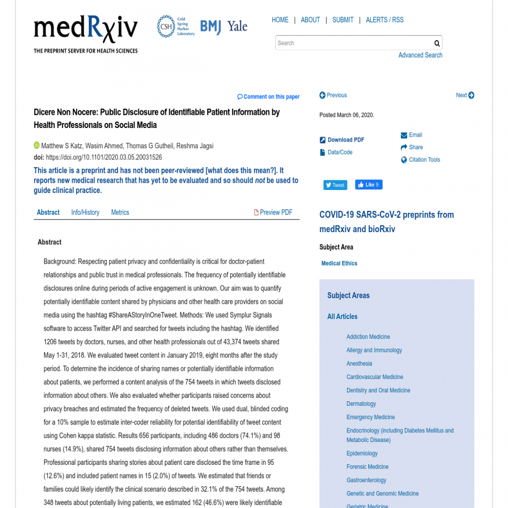 A healthcare social media research article published in medRxiv, March 6, 2020