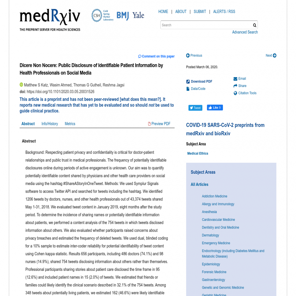 A healthcare social media research article published in medRxiv, March 5, 2020