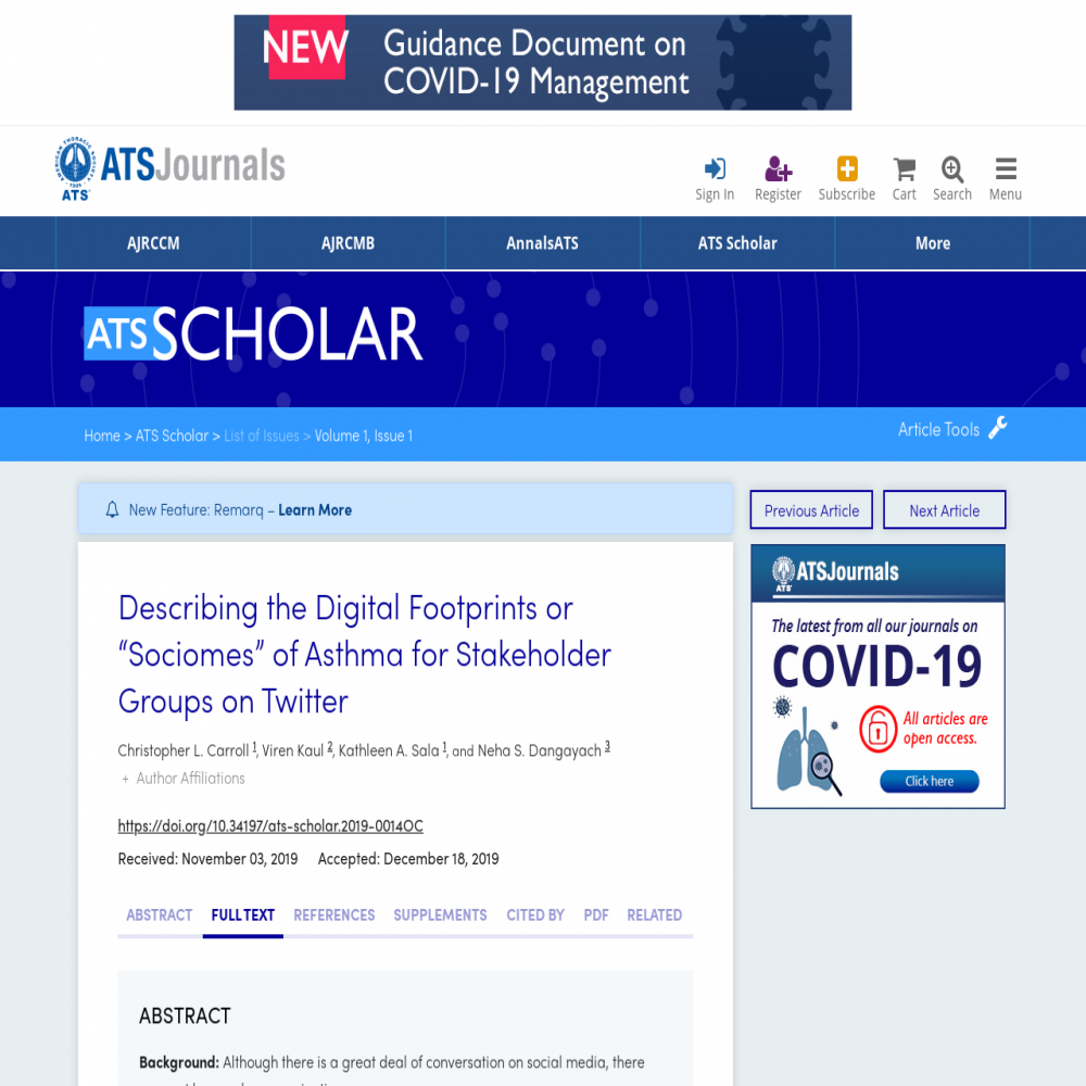 A healthcare social media research article published in ATS Scholar, February 29, 2020