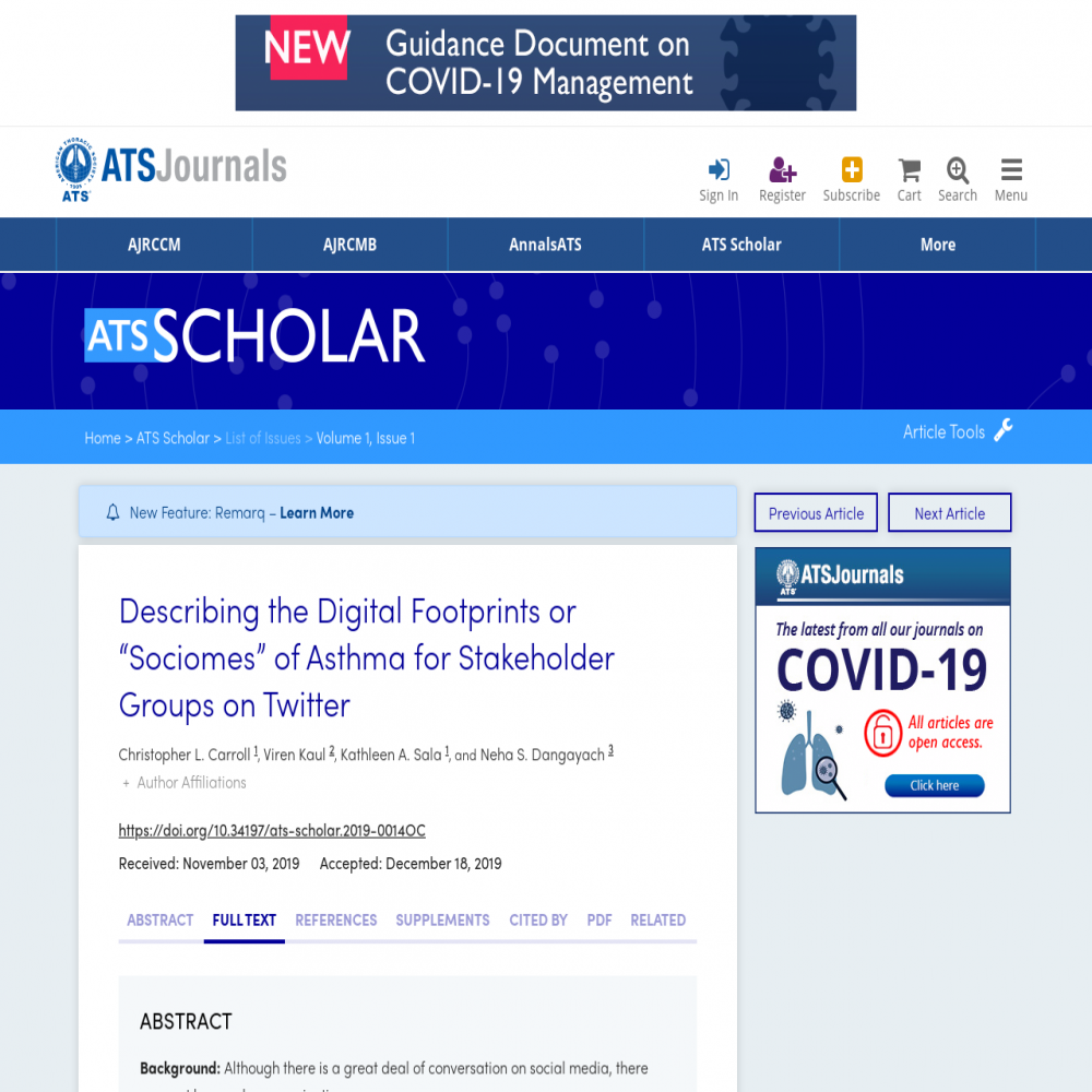 A healthcare social media research article published in ATS Scholar, February 20, 2020