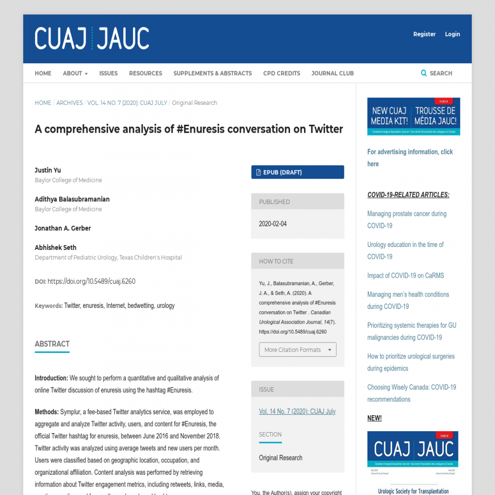 A healthcare social media research article published in Canadian Urological Association Journal, February 3, 2020