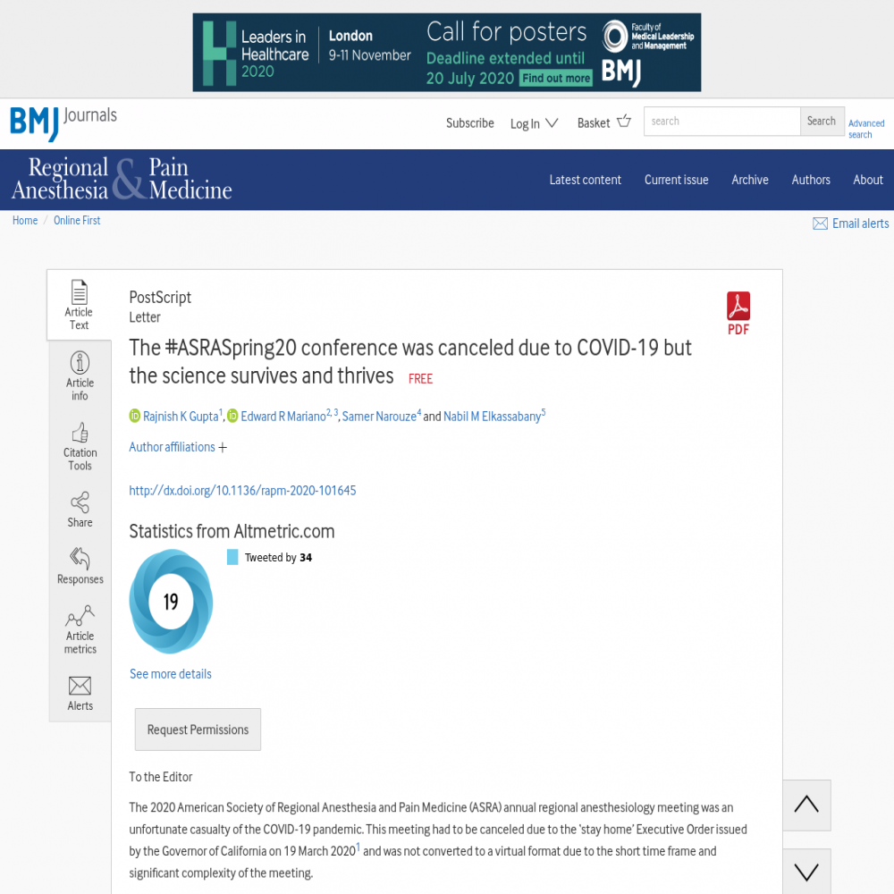 A healthcare social media research article published in Regional Anesthesia & Pain Medicine, May 12, 2020