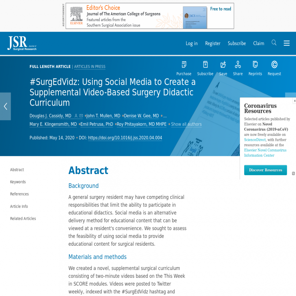 A healthcare social media research article published in Journal of Surgical Research, May 13, 2020