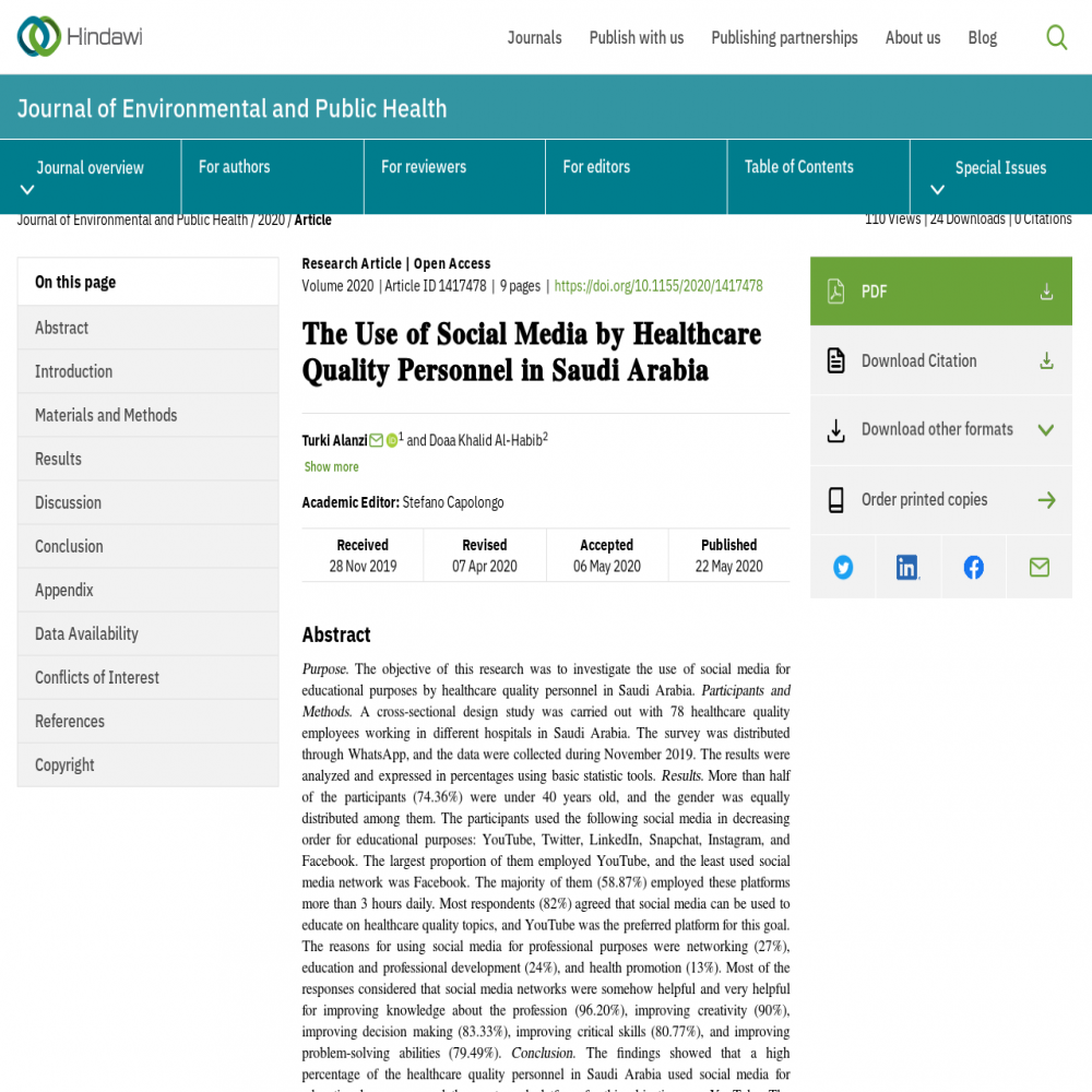 A healthcare social media research article published in Journal of Environmental & Public Health, May 21, 2020