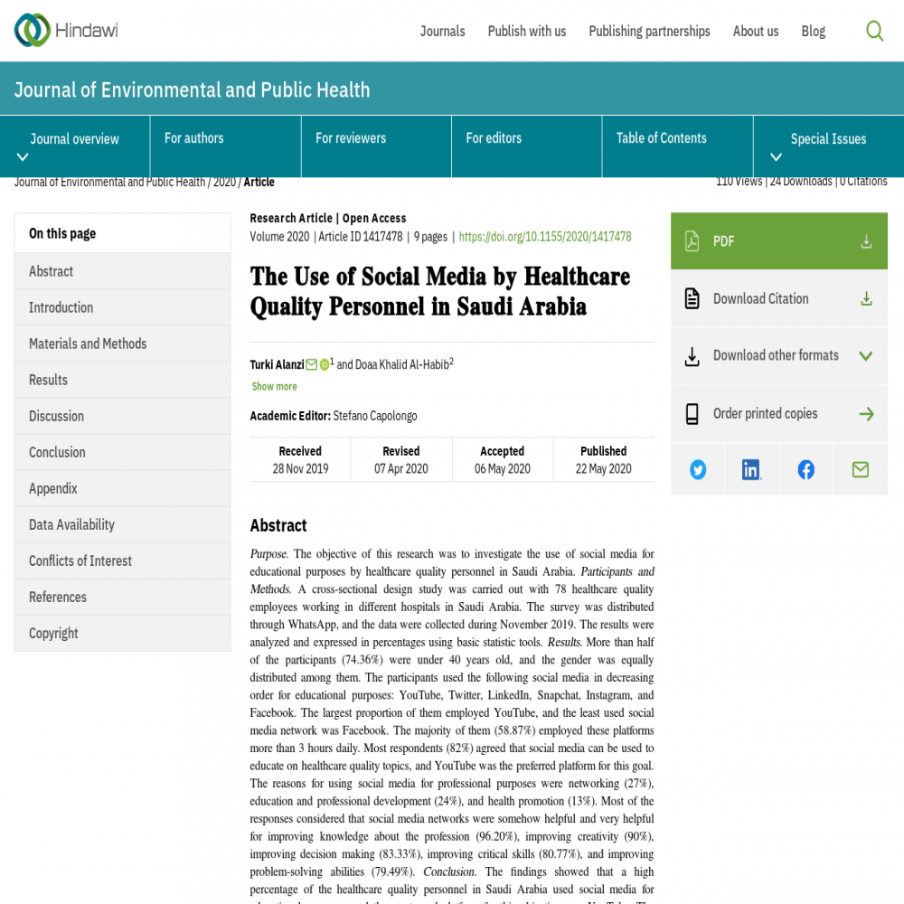 A healthcare social media research article published in Journal of Environmental & Public Health, May 22, 2020