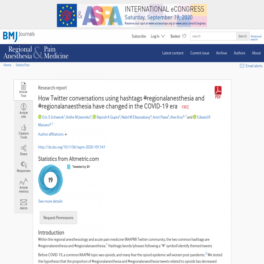 A healthcare social media research article published in Regional Anesthesia & Pain Medicine, July 1, 2020