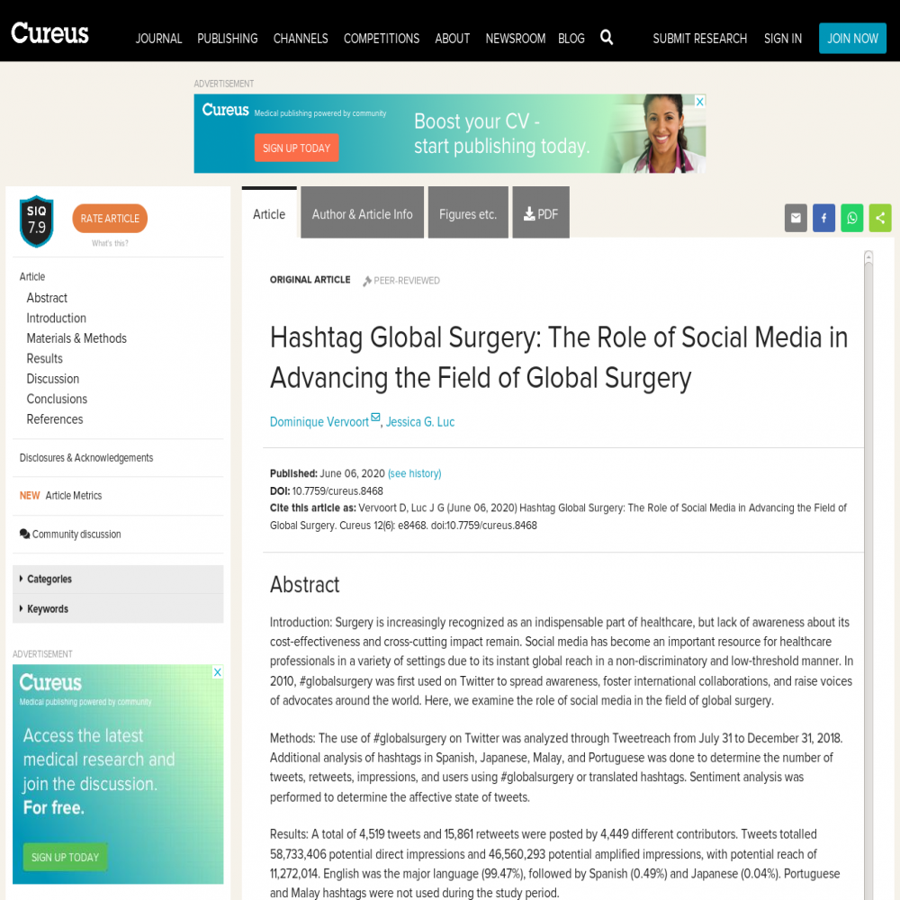 A healthcare social media research article published in Cureus, June 5, 2020