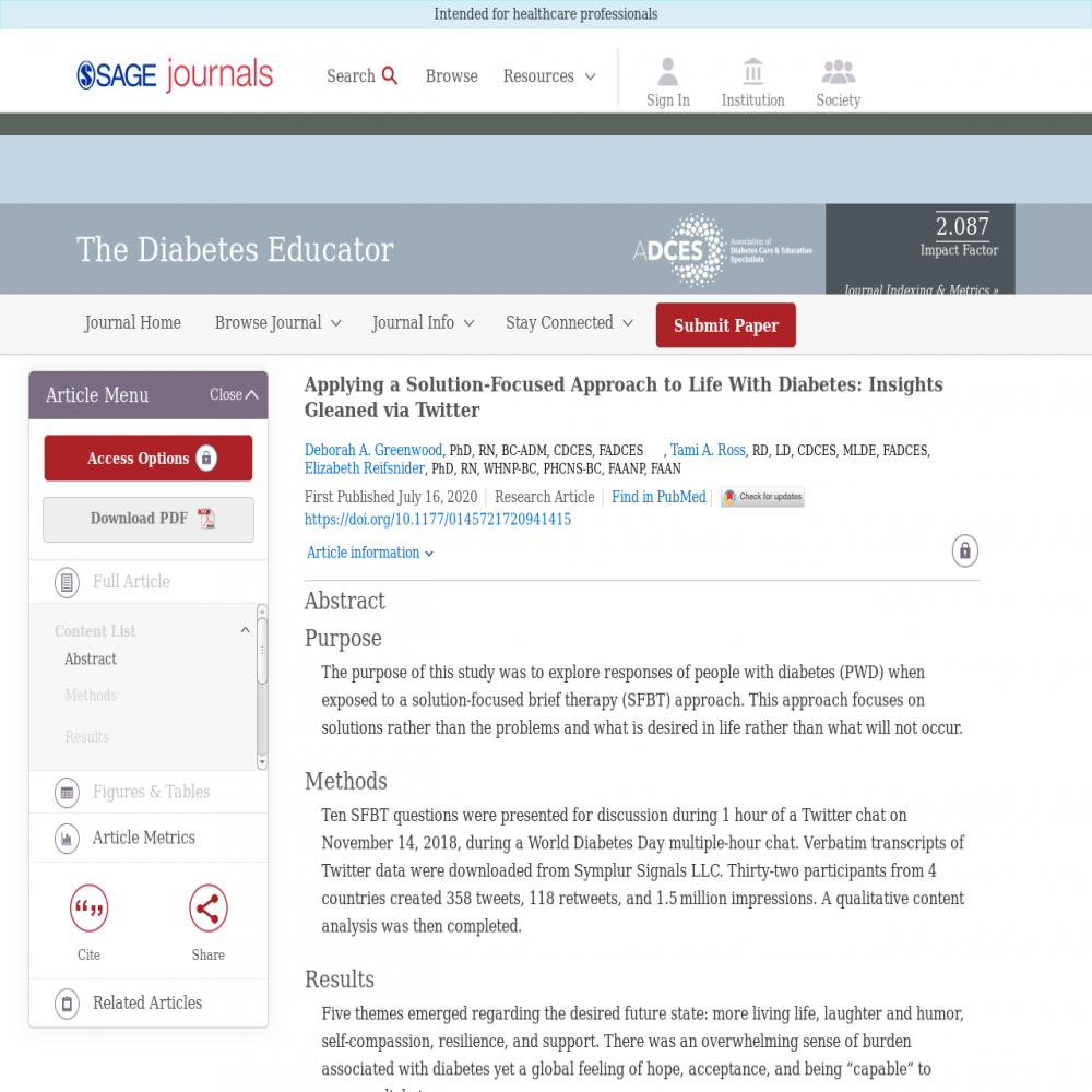 A healthcare social media research article published in The Science of Diabetes Self-Management and Care, July 15, 2020