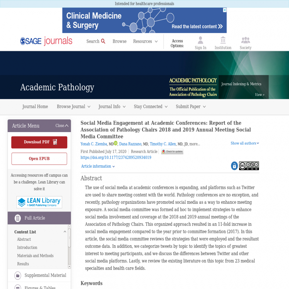 A healthcare social media research article published in Academic Pathology, December 31, 2019