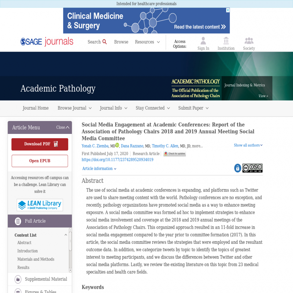 A healthcare social media research article published in Academic Pathology, July 16, 2020