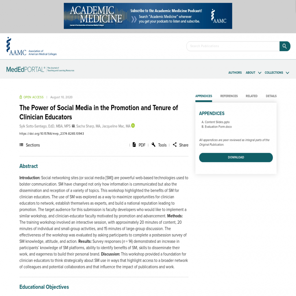 A healthcare social media research article published in MedEdPORTAL, August 9, 2020