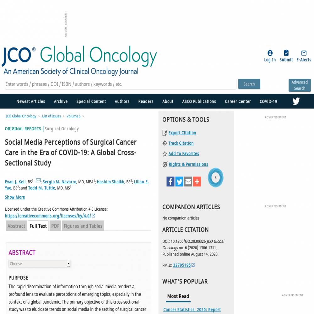 A healthcare social media research article published in JCO Global Oncology, October 31, 2020