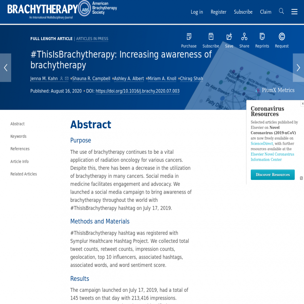 A healthcare social media research article published in Brachytherapy, August 15, 2020