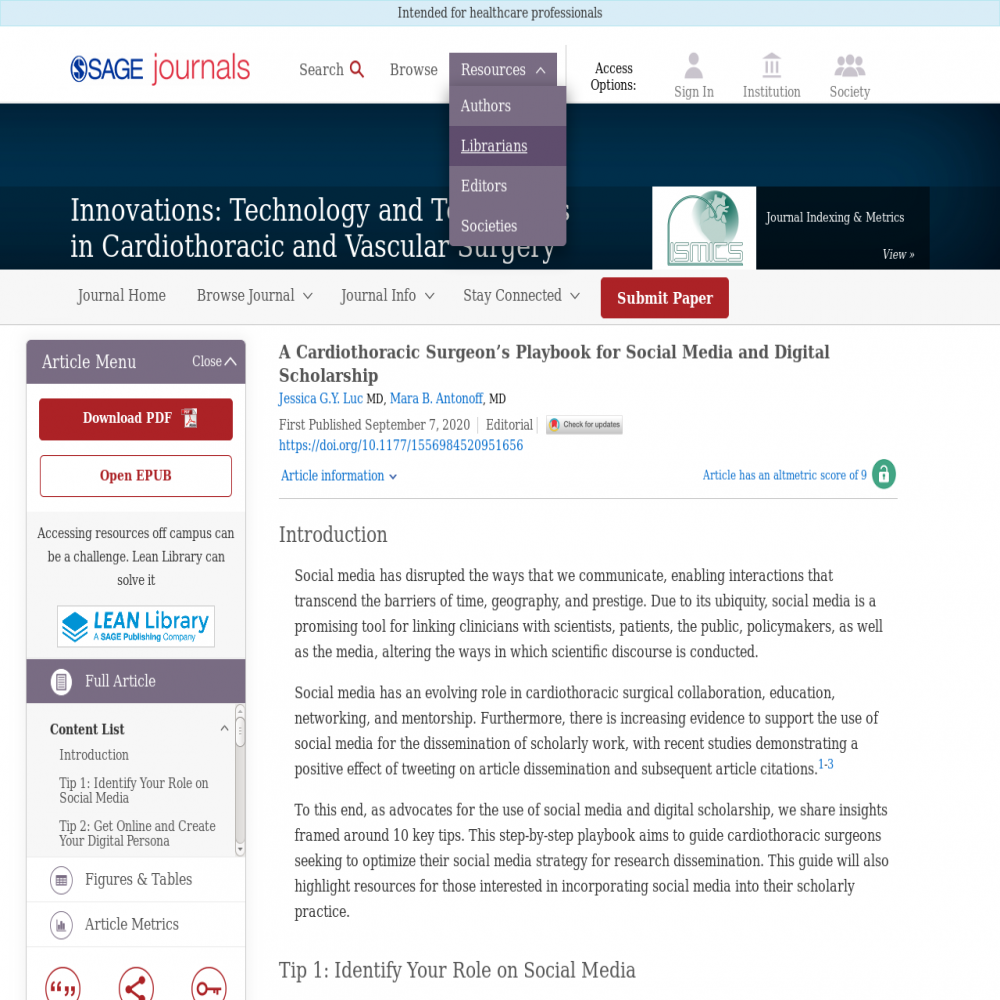 A healthcare social media research article published in Innovations: Technology and Techniques in Cardiothoracis and vascular Surgery, September 6, 2020