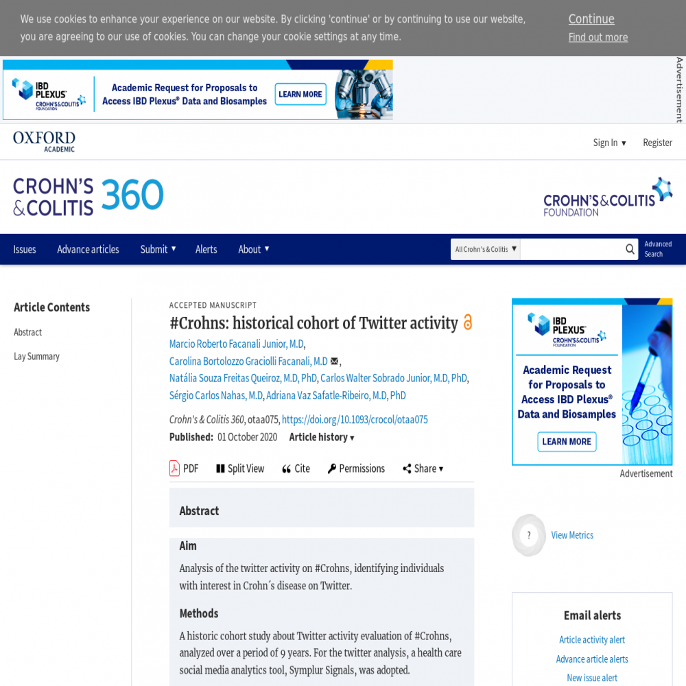 A healthcare social media research article published in Crohn's & Colitis 360, September 30, 2020