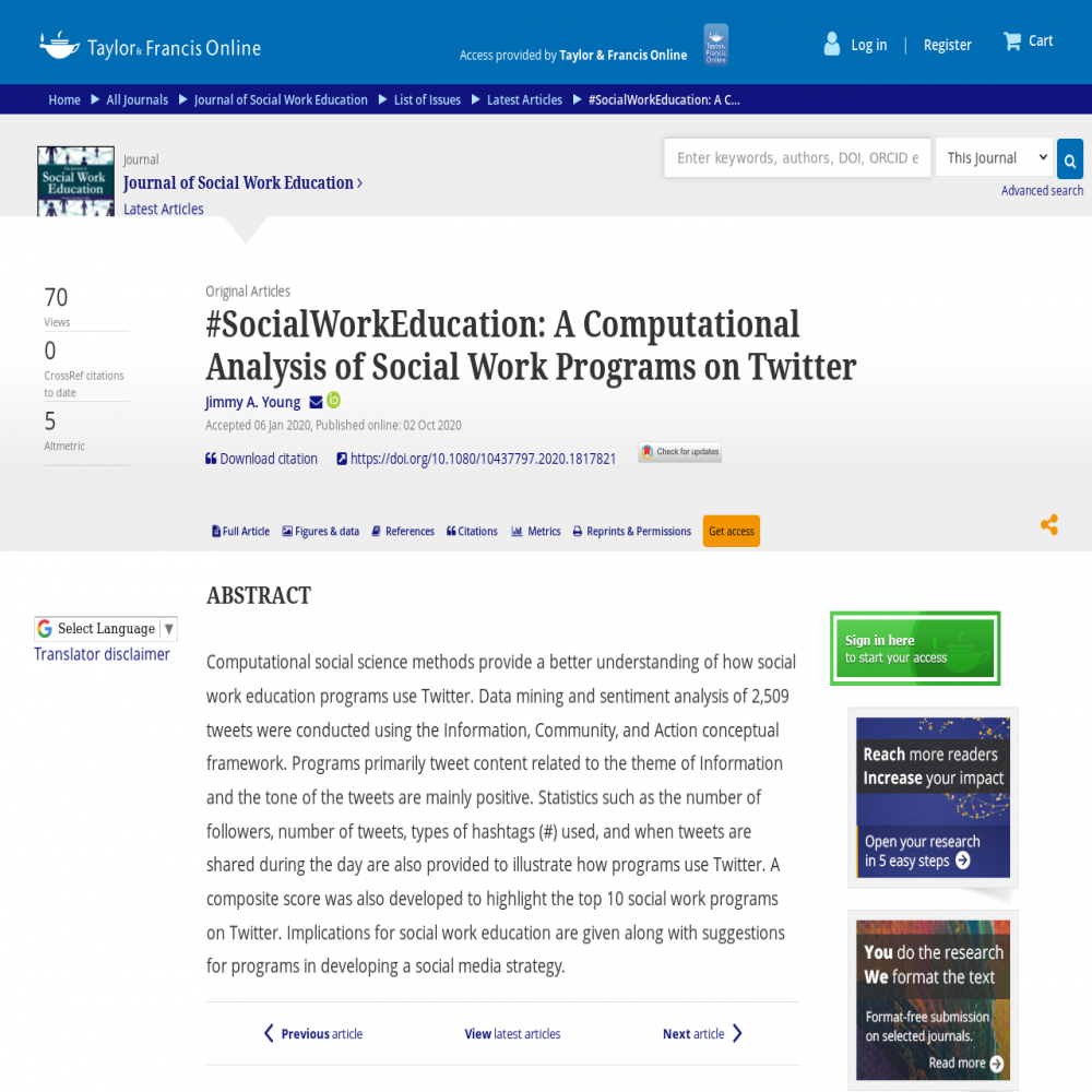 A healthcare social media research article published in Journal of Social Work Education, October 1, 2020