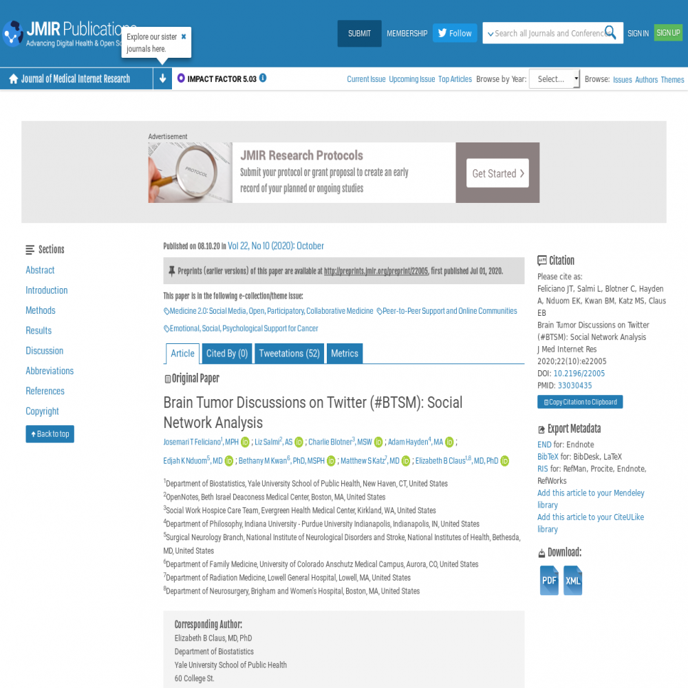 A healthcare social media research article published in Journal of Medical Internet Research, October 8, 2020
