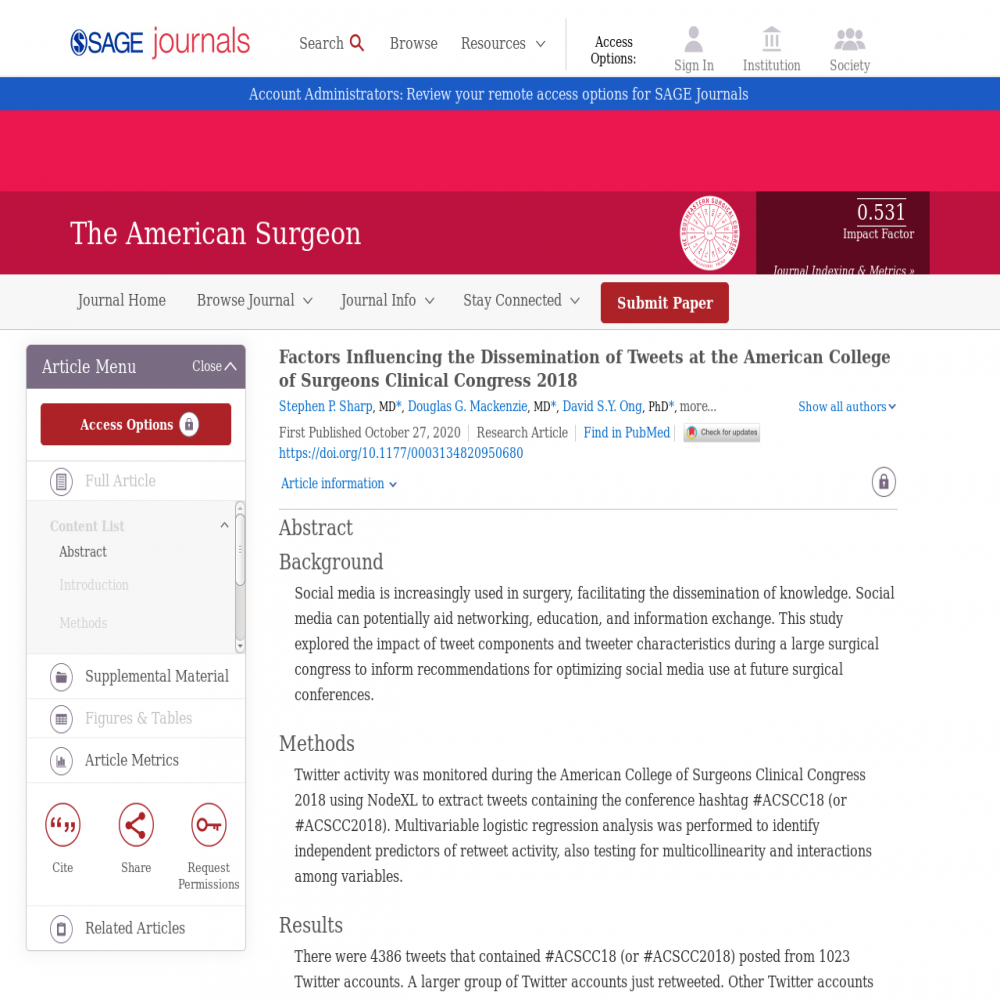 A healthcare social media research article published in The American Surgeon, October 26, 2020