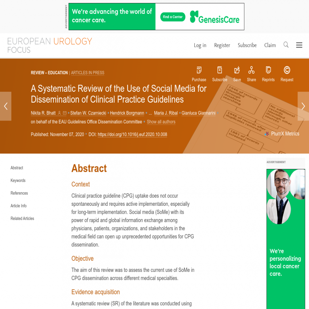 A healthcare social media research article published in European Urology Focus, August 31, 2021