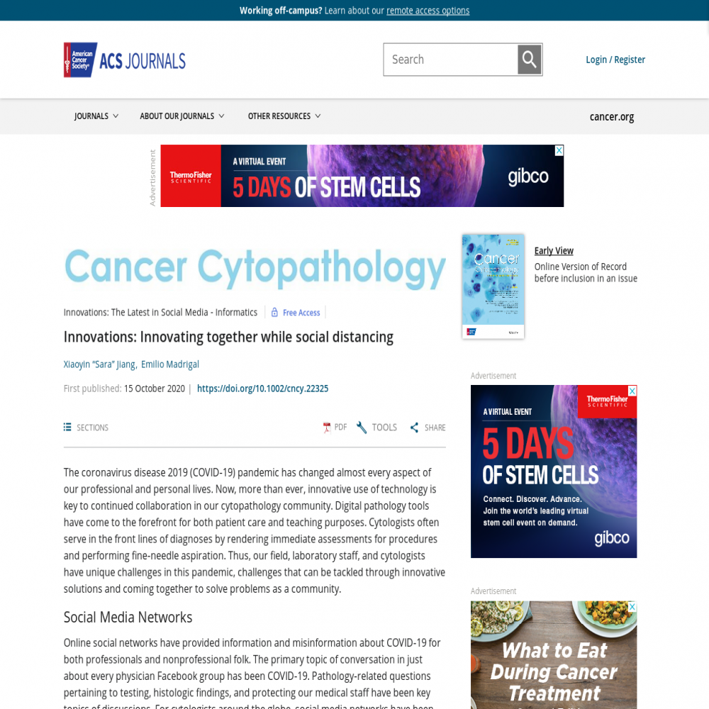 A healthcare social media research article published in Cancer Cytopathology, October 14, 2020