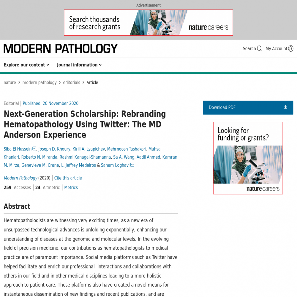 A healthcare social media research article published in Modern Pathology, April 30, 2021