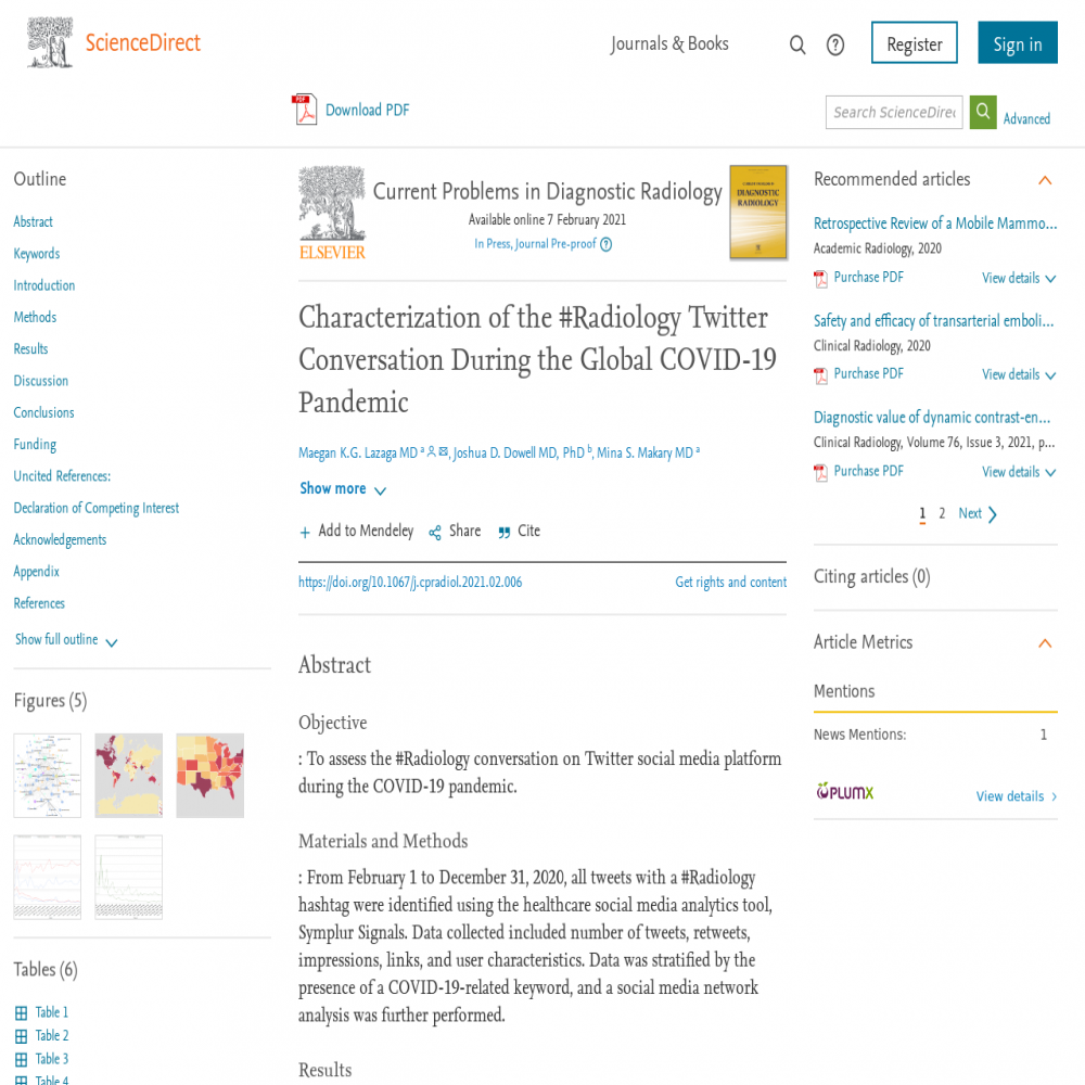 A healthcare social media research article published in Current Problems in Diagnostic Radiology, April 30, 2021