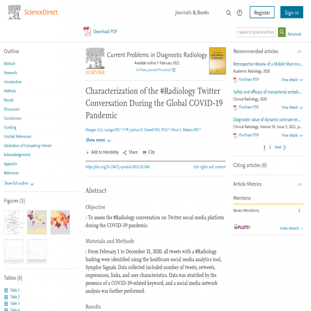 A healthcare social media research article published in Current Problems in Diagnostic Radiology, February 6, 2021