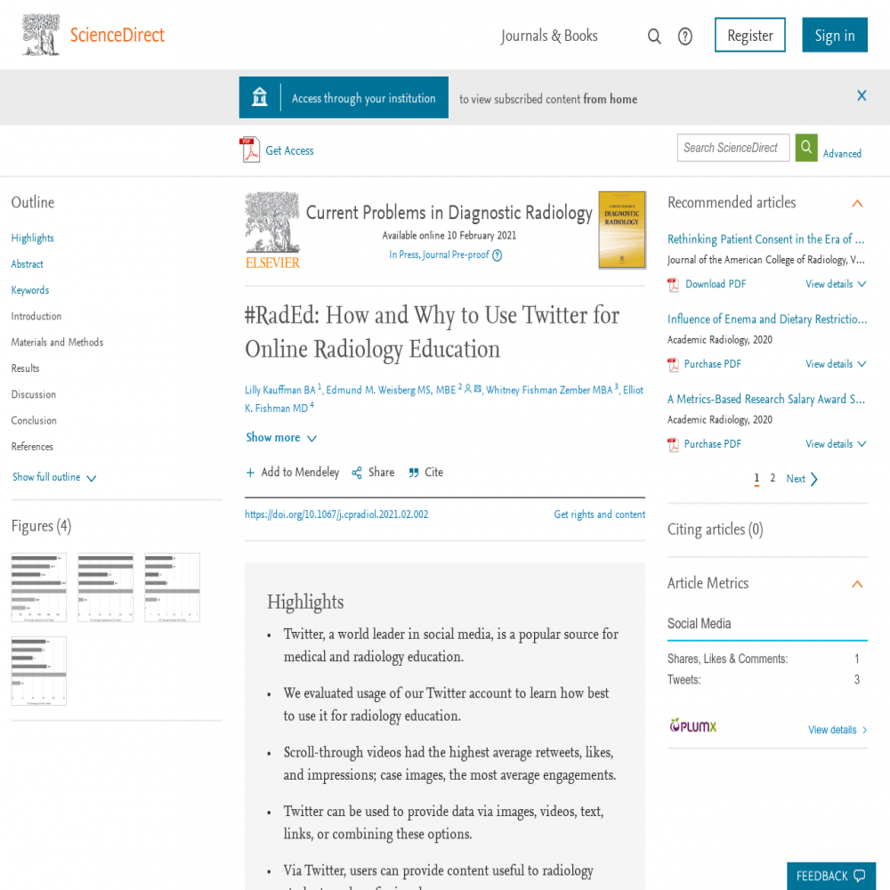 A healthcare social media research article published in Current Problems in Diagnostic Radiology, April 30, 2021