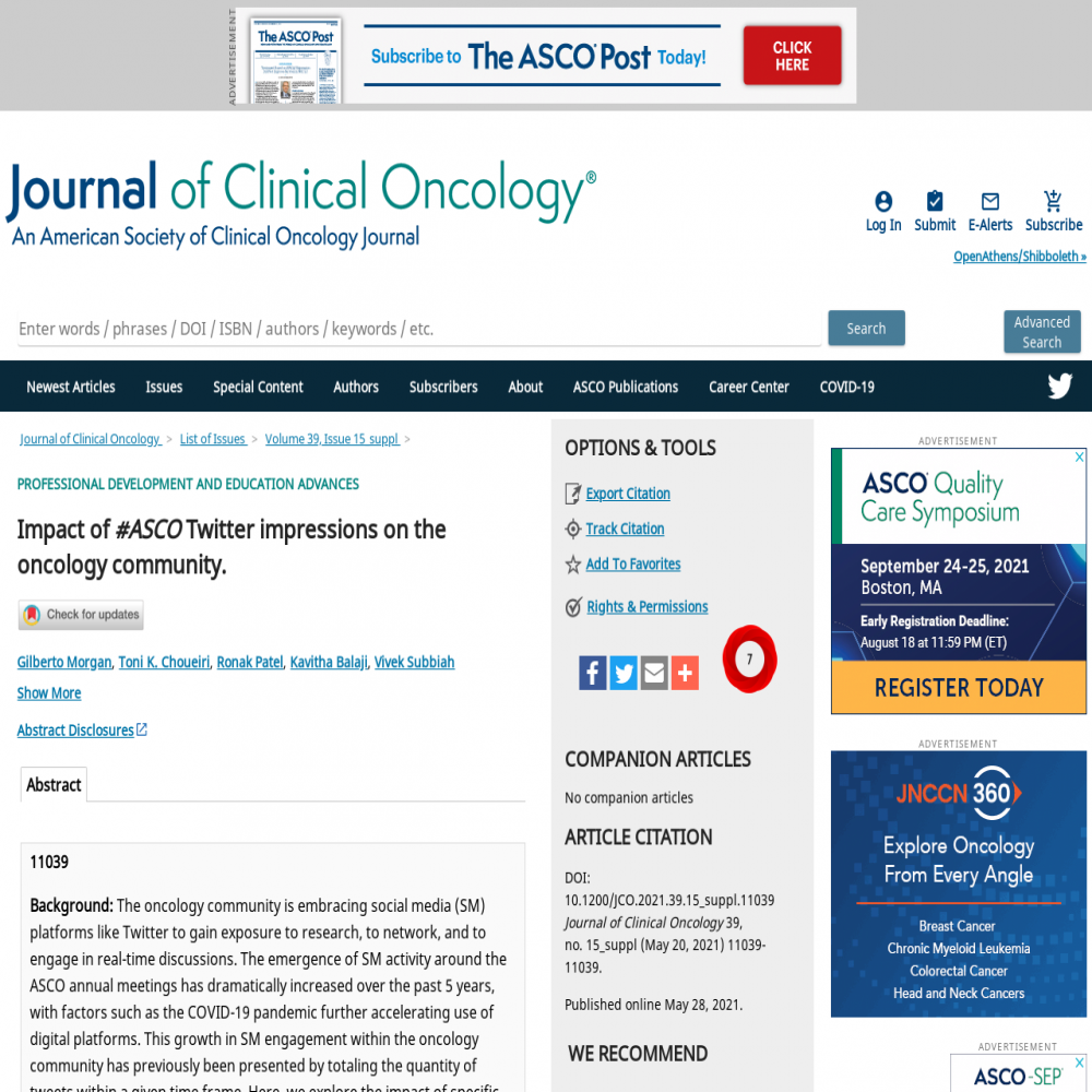 A healthcare social media research article published in Journal of Clinical Oncology, May 19, 2021