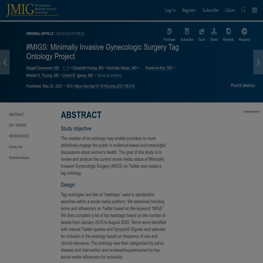 A healthcare social media research article published in Journal of Minimally Invasive Gynecology, November 30, 2021