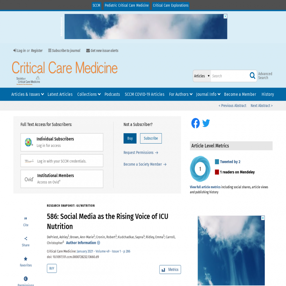 A healthcare social media research article published in Critical Care Medicine, December 10, 2020