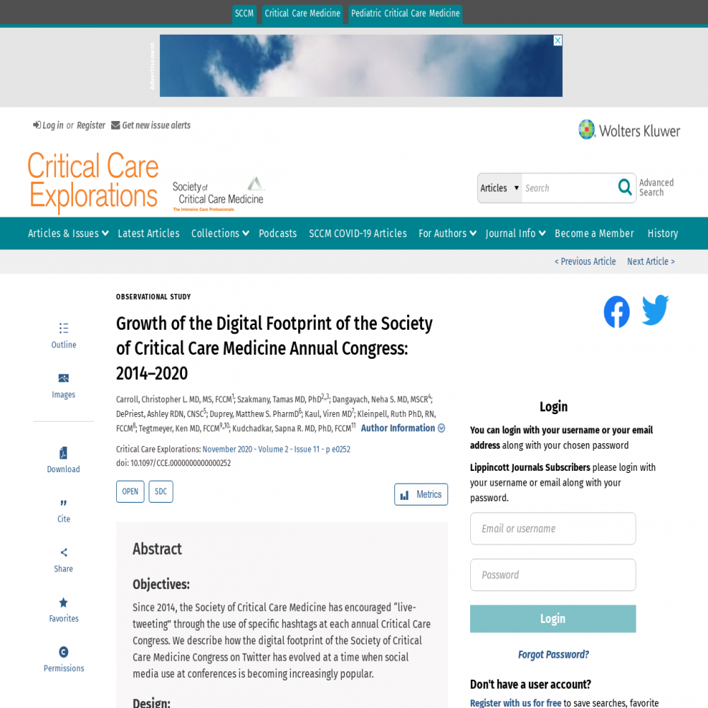 A healthcare social media research article published in Critical Care Explorations, November 11, 2020