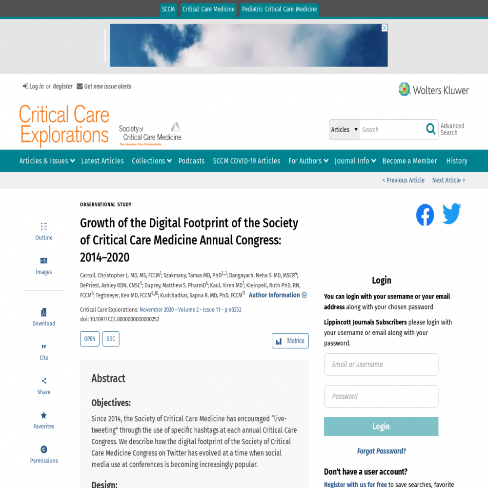 A healthcare social media research article published in Critical Care Explorations, October 31, 2020