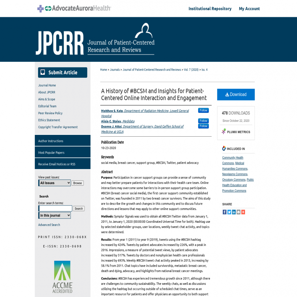 A healthcare social media research article published in Journal of Patient-Centered Research and Reviews, October 22, 2020