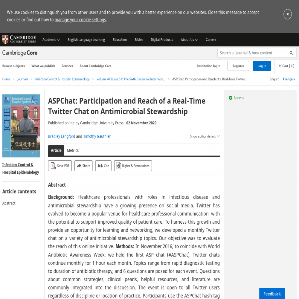 A healthcare social media research article published in Infection control and hospital epidemiology (Online), November 1, 2020