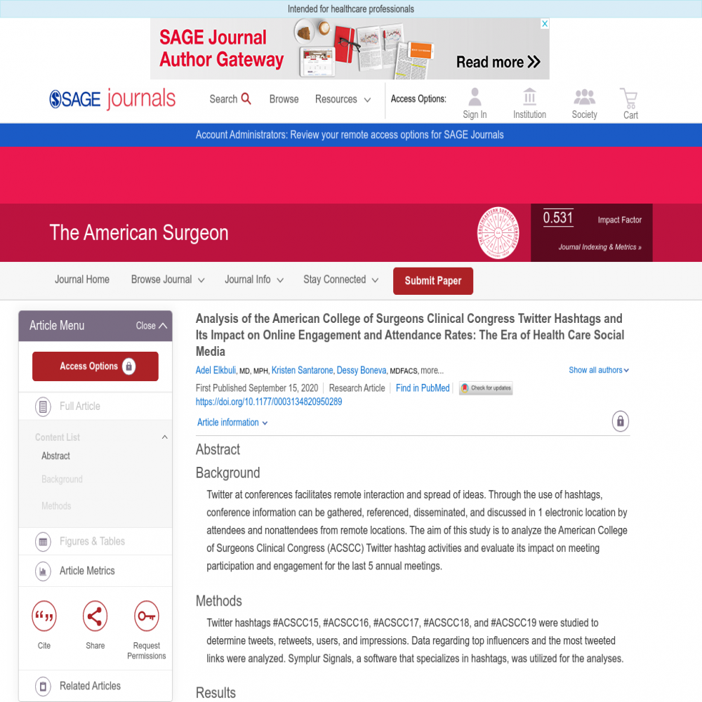 A healthcare social media research article published in The American Surgeon, September 14, 2020