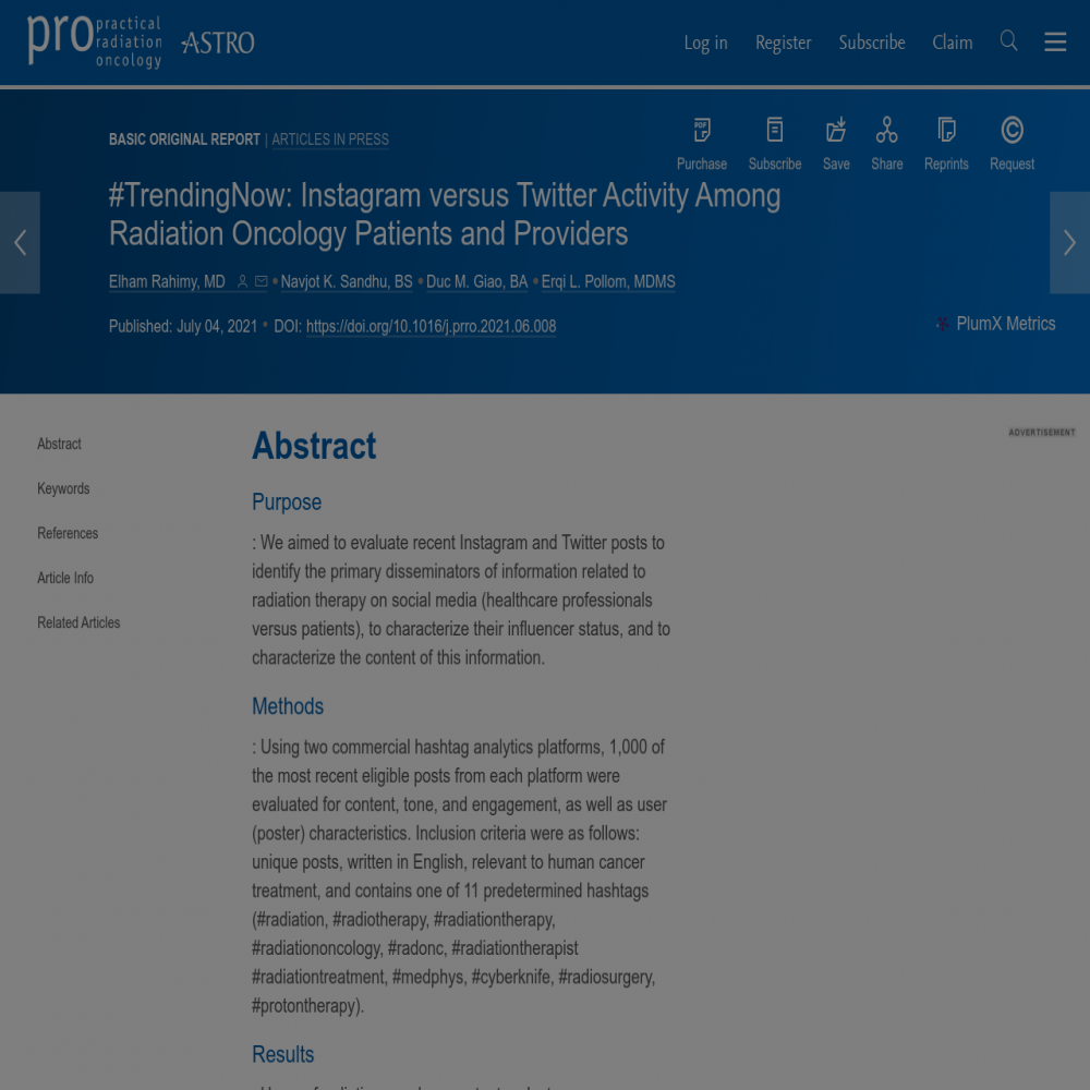 A healthcare social media research article published in Practical Radiation Oncology, October 31, 2021