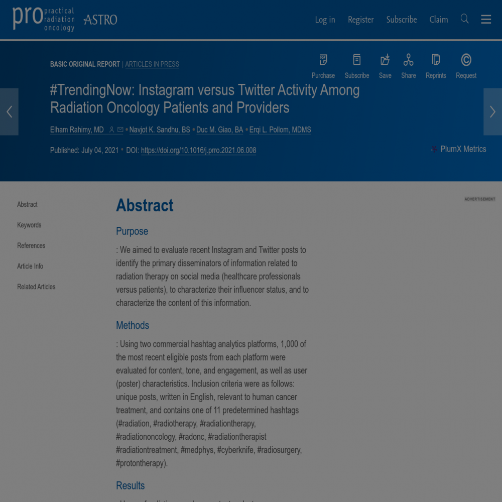 A healthcare social media research article published in Practical Radiation Oncology, July 3, 2021