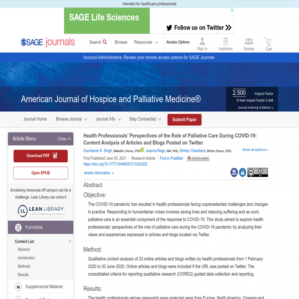 A healthcare social media research article published in American Journal of Hospice and Palliative Medicine®, June 29, 2021