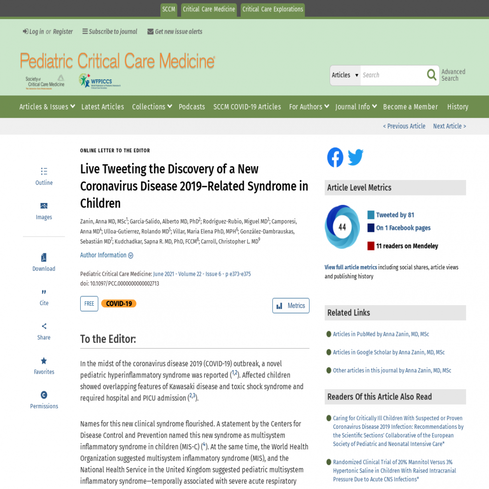 A healthcare social media research article published in Pediatric Critical Care Medicine, February 17, 2021